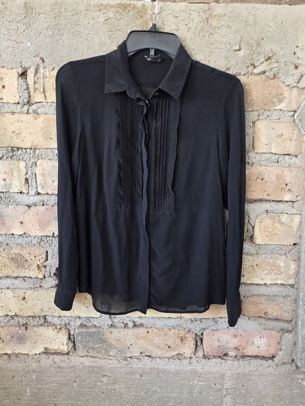 Club Monaco 100% Silk Pintuck Pleated Sheer Blouse Black Size Medium M